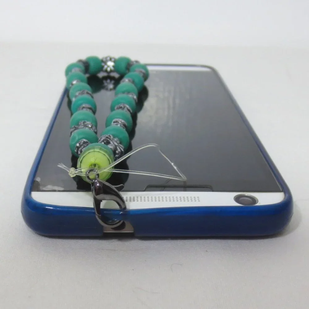 Handmade Stretch Bracelet Green and Silver Beaded Phone Charm Accessory Lanyard